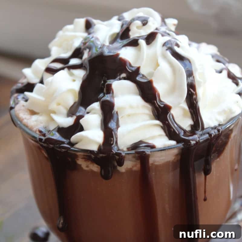 Crockpot hot chocolate in a glass mug topped with whipped cream and chocolate syrup
