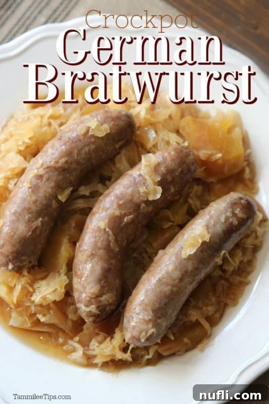 crockpot German bratwurst over a plate with 3 bratwurst and sauerkraut 