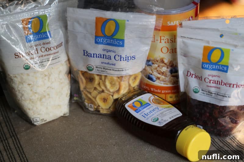 Homemade Crockpot Granola with Sweet Dried Fruit 3 A vibrant flat lay of Crockpot granola ingredients: scattered old-fashioned oats, delicate shaved coconut, glistening honey, plump dried cranberries, and crisp banana chips, all arranged on a light wooden table, ready for mixing.