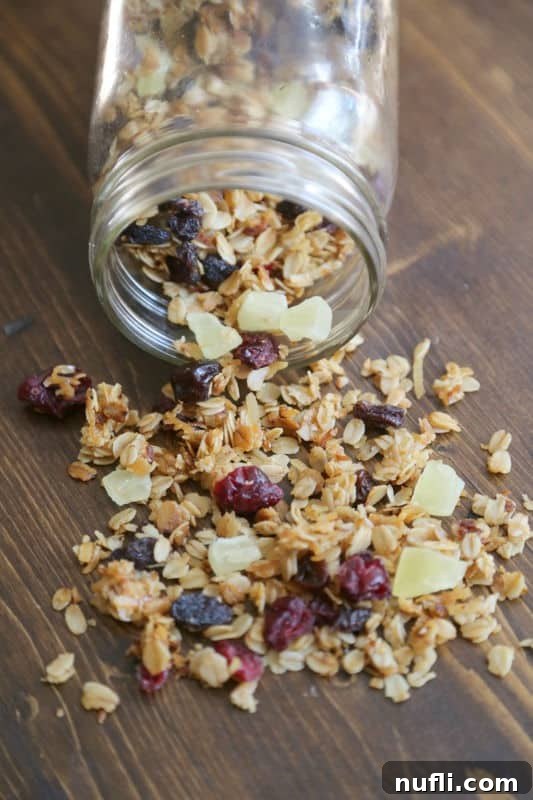 Homemade Crockpot Granola with Sweet Dried Fruit 4 A close-up of golden crockpot granola gracefully cascading from a mason jar, showcasing its enticing texture and clusters, against a soft, blurred background, evoking a sense of warmth and comfort.