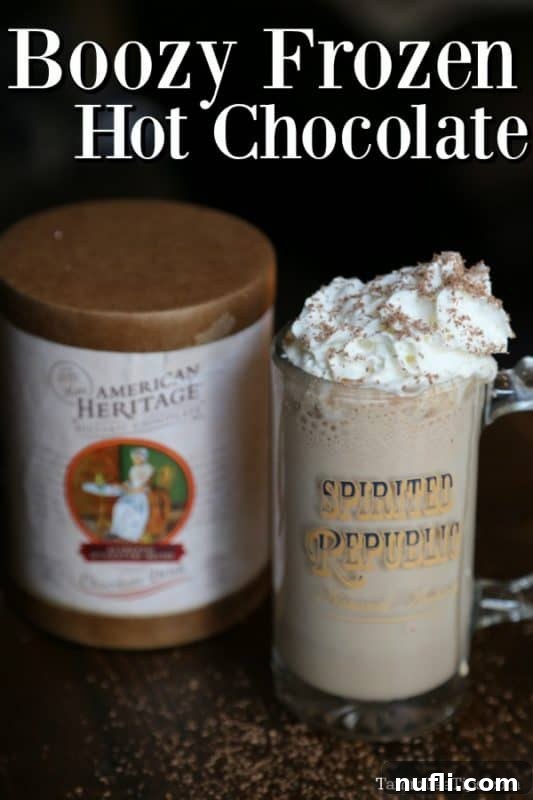 Boozy Frozen Hot Chocolate over a glass of hot chocolate topped with whipped cream 