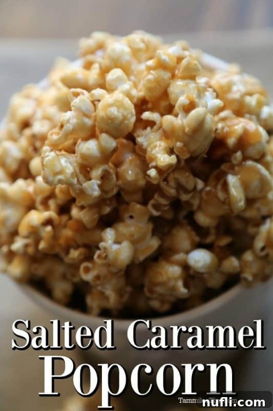 Salted Caramel Popcorn below a large white bowl filled with popcorn