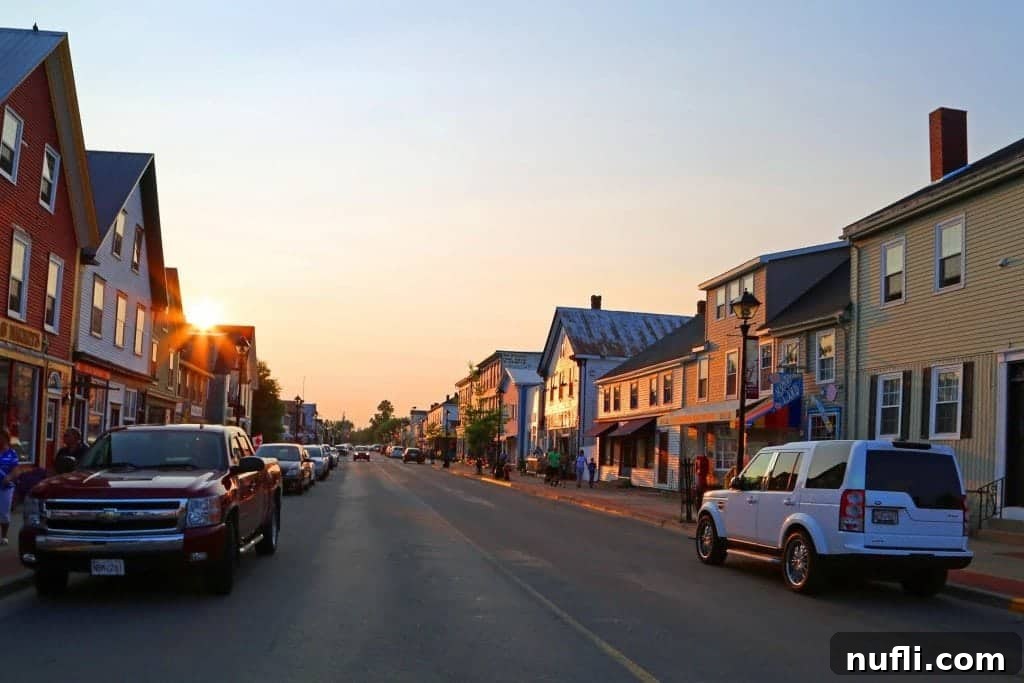 A scenic view looking down a charming street in Saint Andrews by the Sea, framed by historic buildings and coastal ambiance.