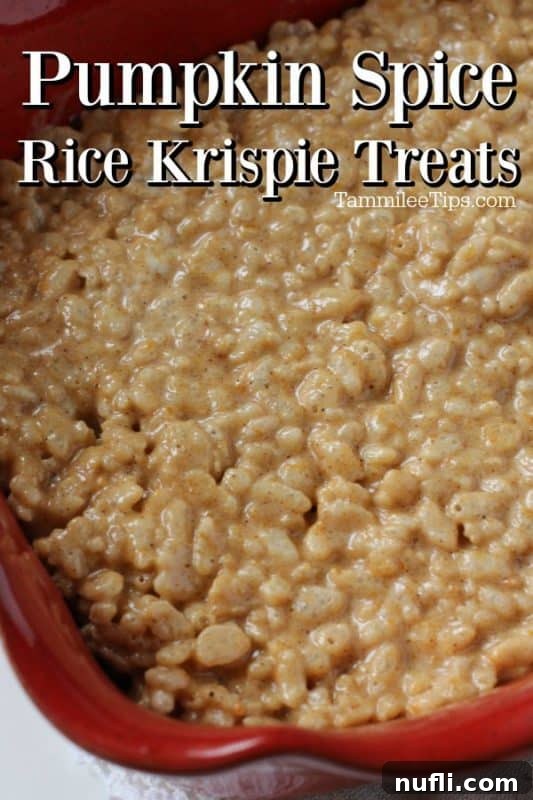 pumpkin spice rice krispie treats text written above a red pan filled with rice krispie treats