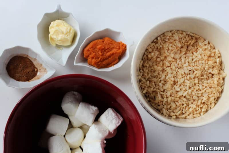 pumpkin spice rice krispie treats ingredients in small bowls