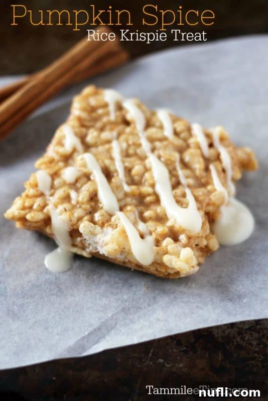 Pumpkin spice rice krispie treat text written above a rice krispie treat on parchment paper with cinnamon sticks in the backgroun. 