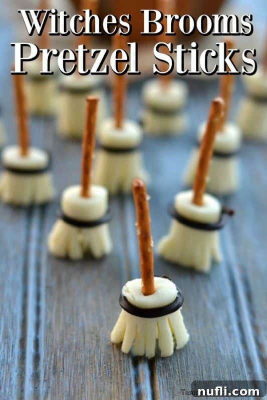 Delightful Witches Broom Pretzel Sticks artfully arranged on a kitchen counter, ready for a Halloween party