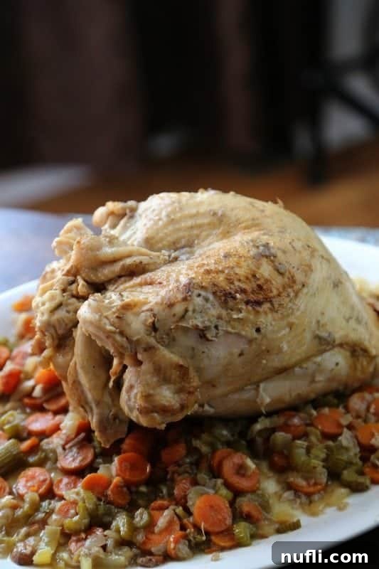 Crockpot turkey recipe on a white platter with carrots, celery, and onions under it, ready to serve.