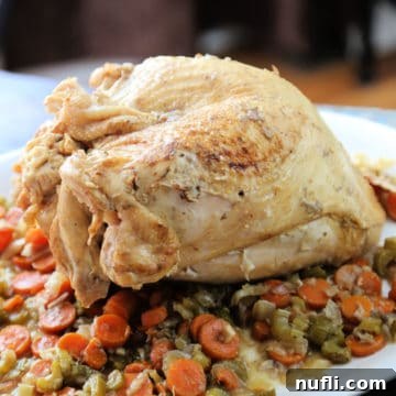 Crockpot turkey on a bed of celery, onions, and carrots on a white platter, perfectly cooked.