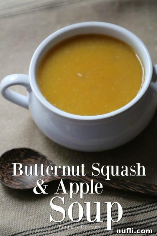 A beautifully presented bowl of creamy butternut squash and apple soup, ready to be enjoyed.
