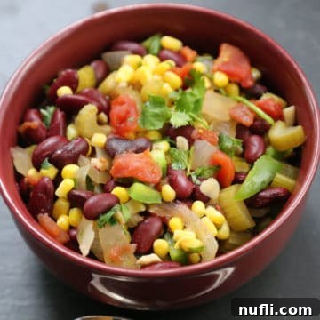 Crockpot Vegetable Chili in a red bowl