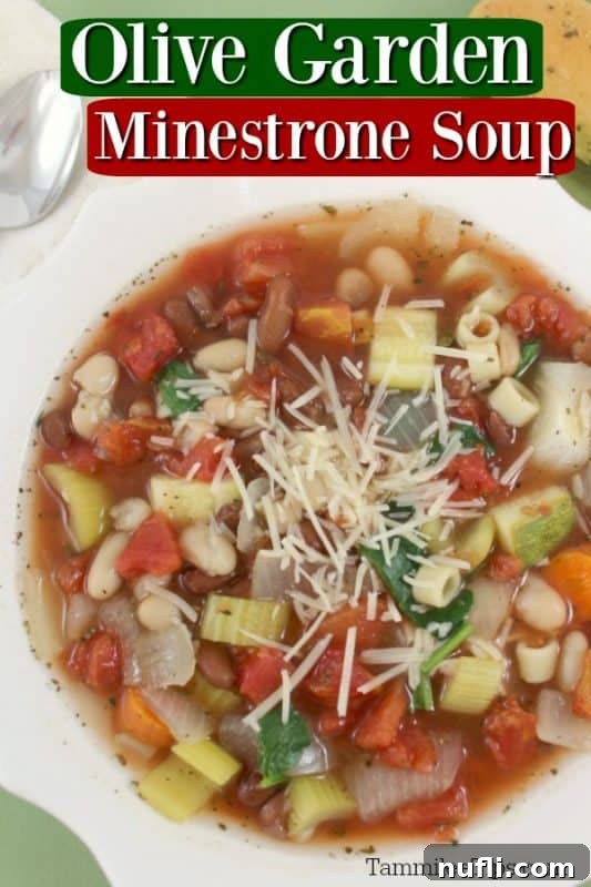 Olive Garden Minestrone Soup over a white bowl filled with soup