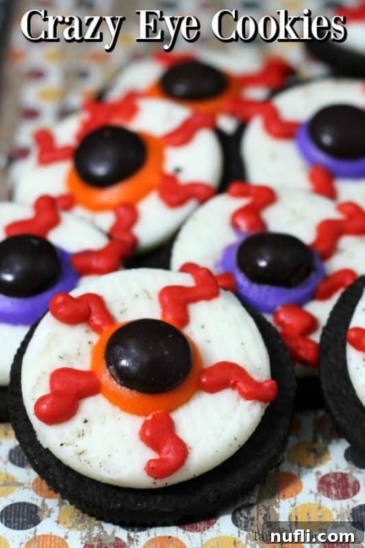 Crazy Eye Oreo cookies painted to look like bloodshot eyes, a perfect spooky Halloween treat
