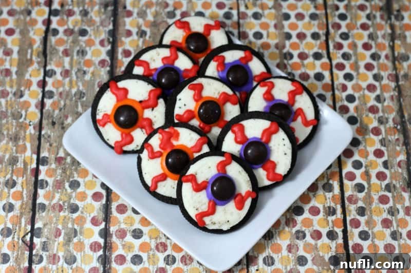 Crazy eye Oreos on a white plate ready for a Halloween party