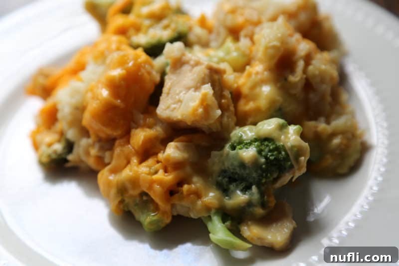 chicken tater tot casserole with broccoli on a white plate