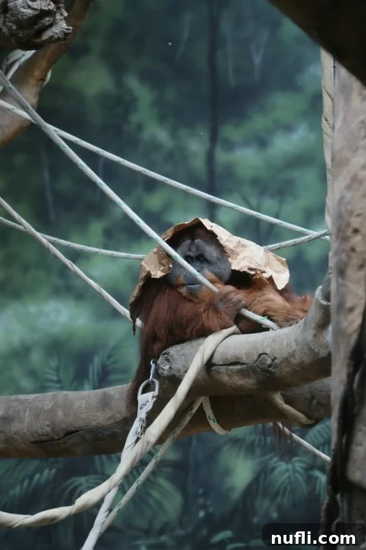 Orangutan sitting on a branch with a leafy paper over its head at Fort Wayne Children's Zoo