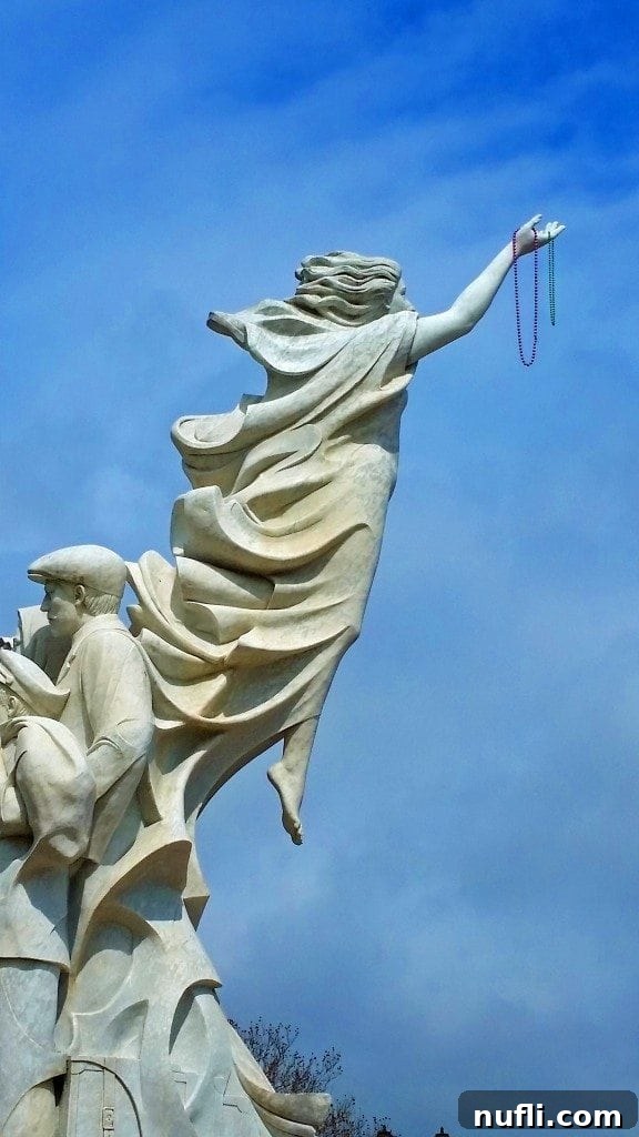 An artistic statue overlooking the bustling Mississippi River in New Orleans, adding to the city's charm.