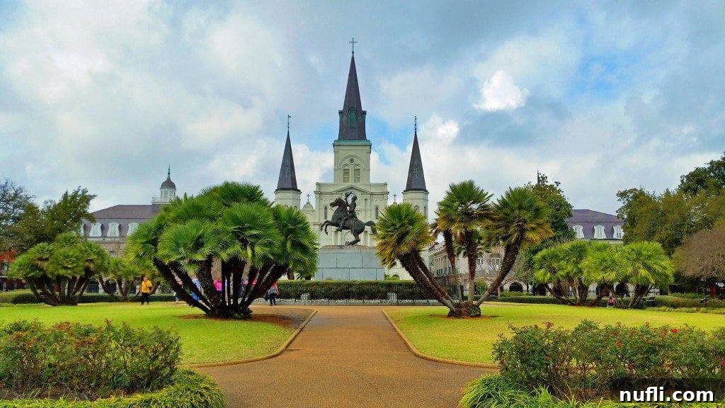 Panoramic view of Jackson Square New Orleans with the majestic St. Louis Cathedral as its backdrop.