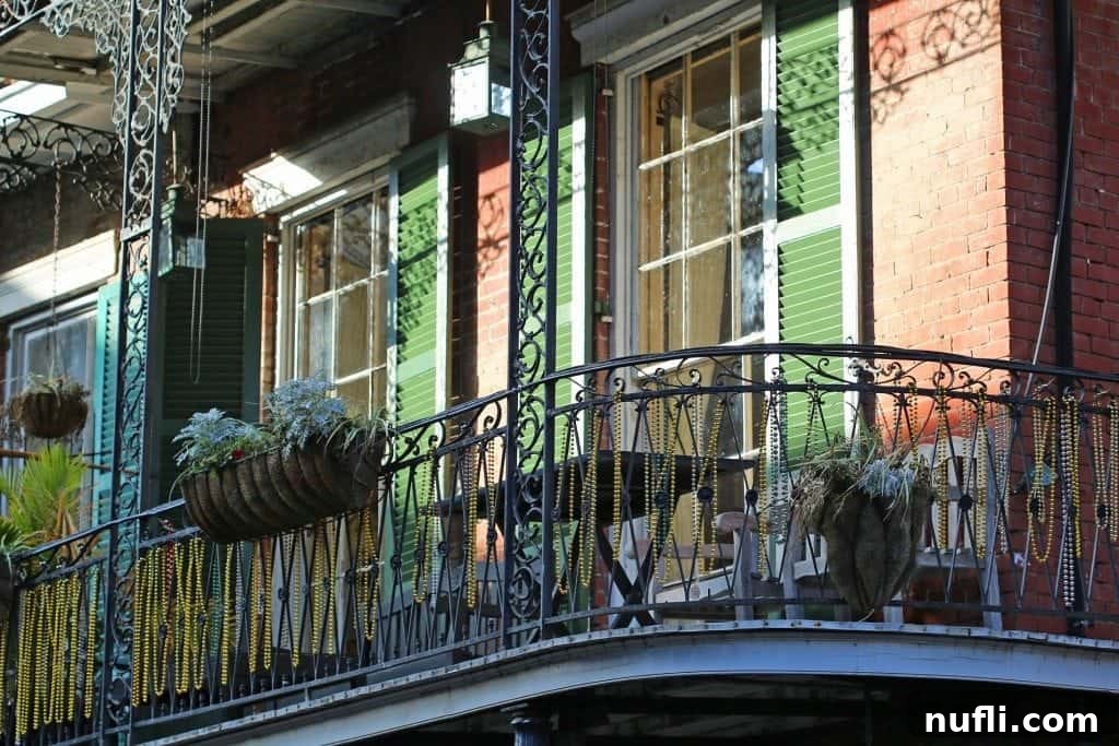 Colorful Mardi Gras beads draped on a charming deck railing in the French Quarter New Orleans.