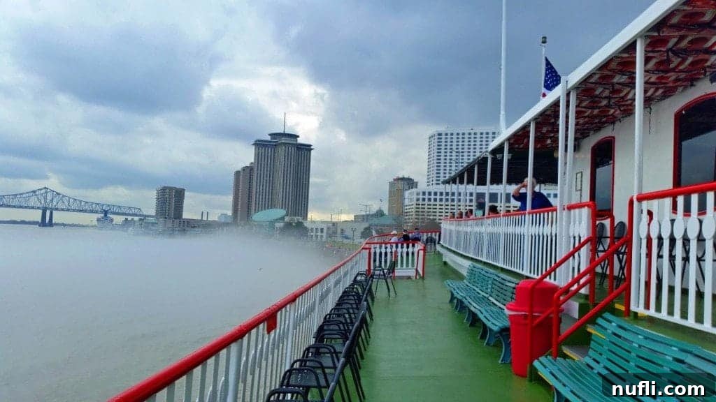 The historic Steamboat Natchez on a foggy day in New Orleans, navigating the majestic Mississippi River.