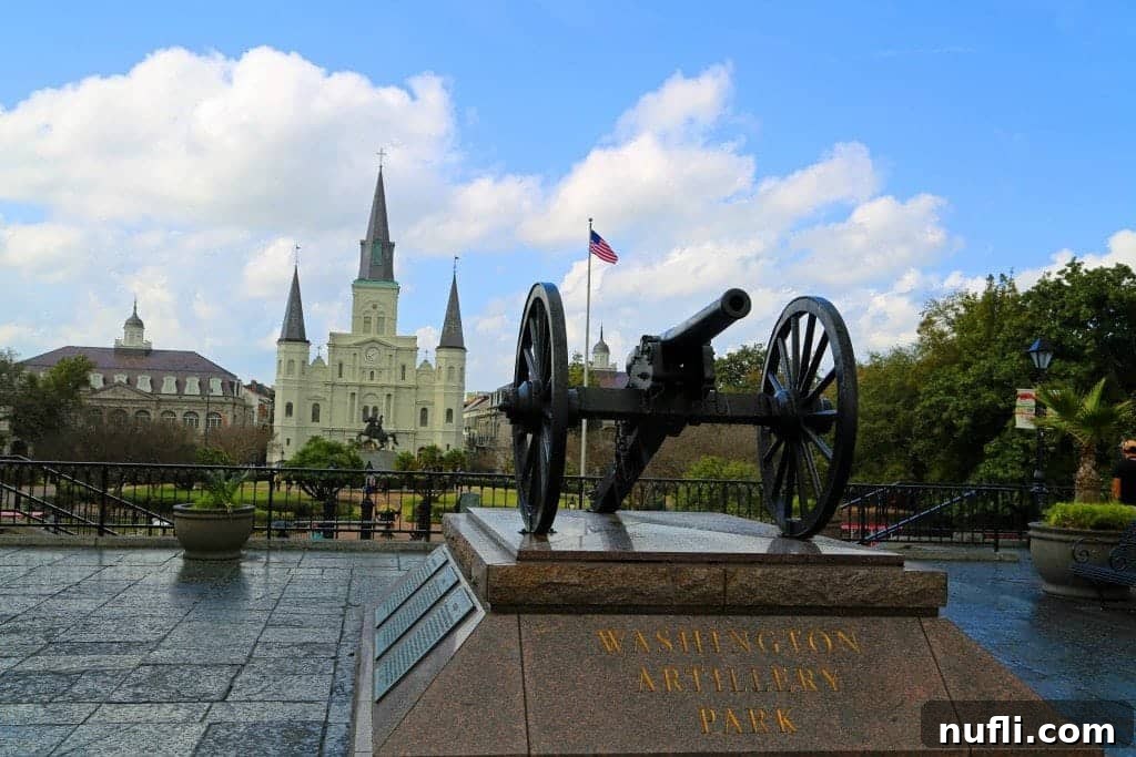 View from Washington Artillery Park, offering a scenic overview of Jackson Square and the Mississippi River in New Orleans.