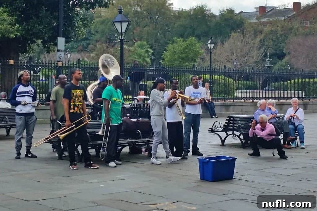 A vibrant brass band playing lively music in Jackson Square New Orleans, captivating onlookers.