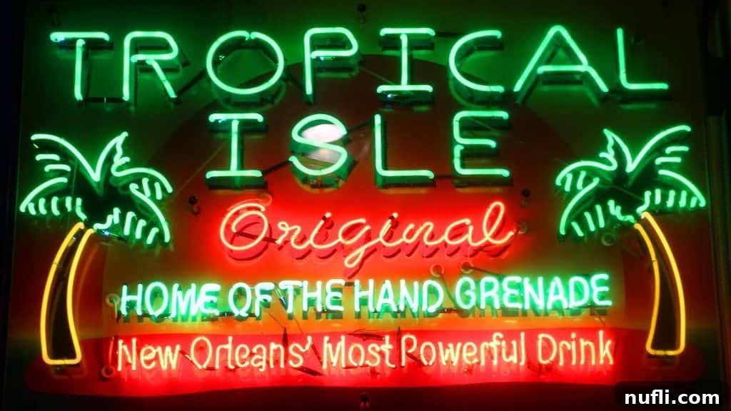 Tropical Isle bar, a famous spot on Bourbon Street, New Orleans, illuminated at night.