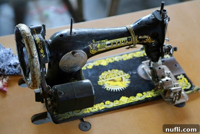Close-up of a classic, antique Singer sewing machine, emblematic of traditional textile production