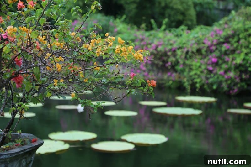 Bali's Tirta Gangga: Royal Water Gardens 5 A vibrant, colorful plant gracefully hanging over a large pond filled with lily pads, creating a serene and picturesque scene.