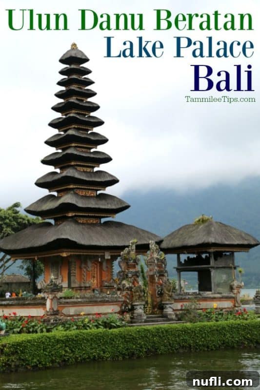 The iconic Ulun Danu Beratan Temple in Bali, rising gracefully from the calm waters of Lake Bratan, with a traditional multi-tiered pagoda reflecting in the lake