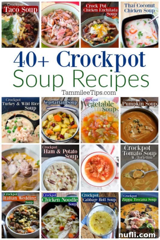 A collage of various delicious slow cooker soup photos with text overlay '40+ Crockpot soup recipes'