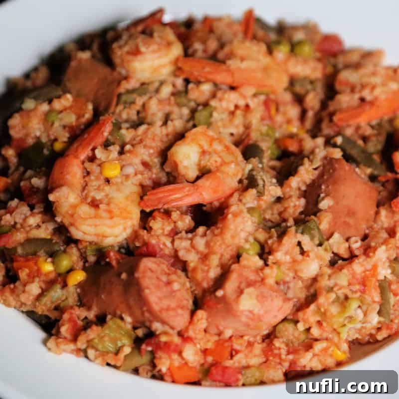 Crock Pot Kielbasa and Shrimp Stew in a white bowl
