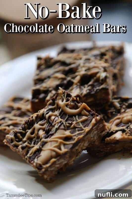 No Bake Chocolate Oatmeal Bars over a plate of bars, rich with chocolate and oats