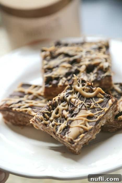 Chocolate no bake oatmeal bars on a white plate, showcasing the two delicious layers