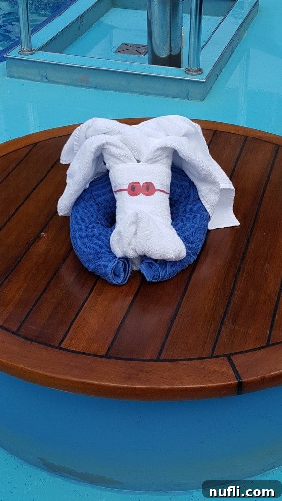 Carnival Conquest Docks in La Romana, Dominican Republic 4 Creative towel animal display on Carnival Conquest pool deck