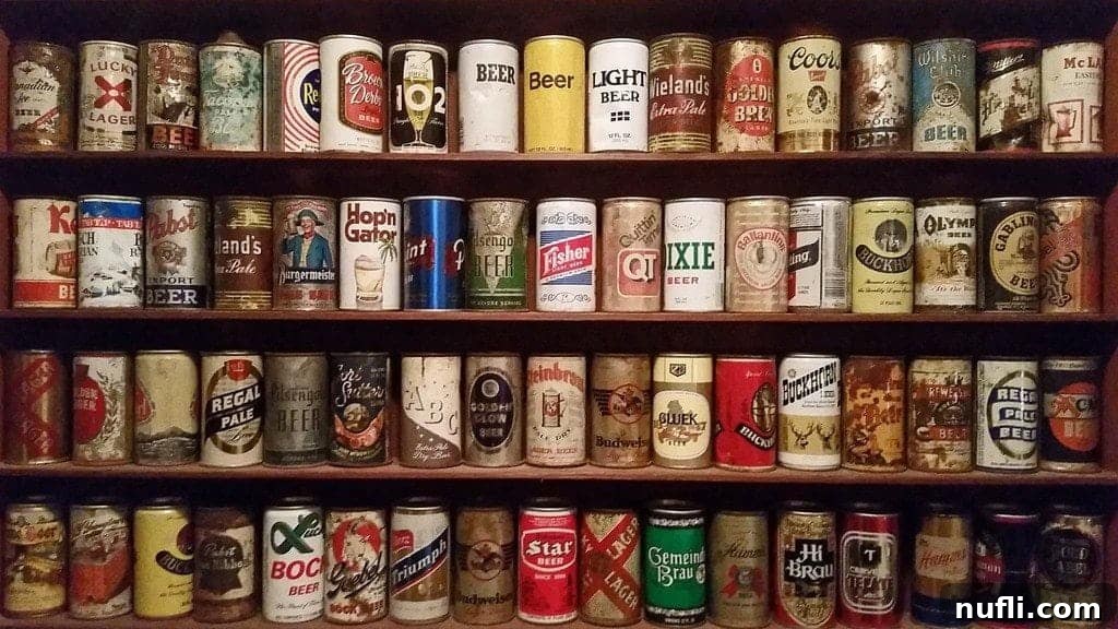 Collection of vintage beer cans displayed on shelves, representing a diverse range of brews