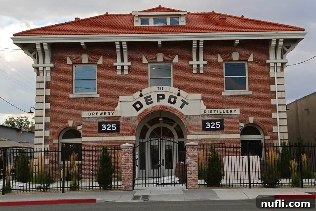 The brick exterior of The Depot brewpub in Reno, an old railroad depot with charming architecture