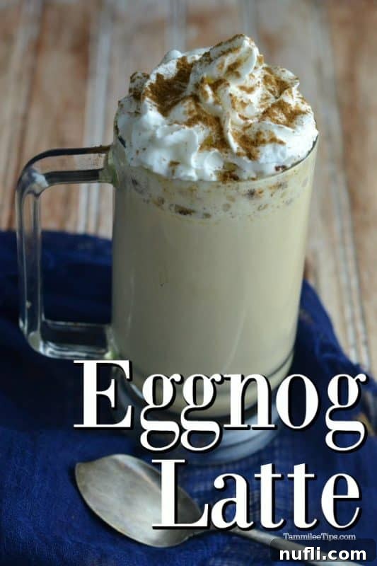 Delicious homemade Eggnog Latte under a glass mug filled with a latte topped with whipped cream and cinnamon, ready to be enjoyed during the holidays.