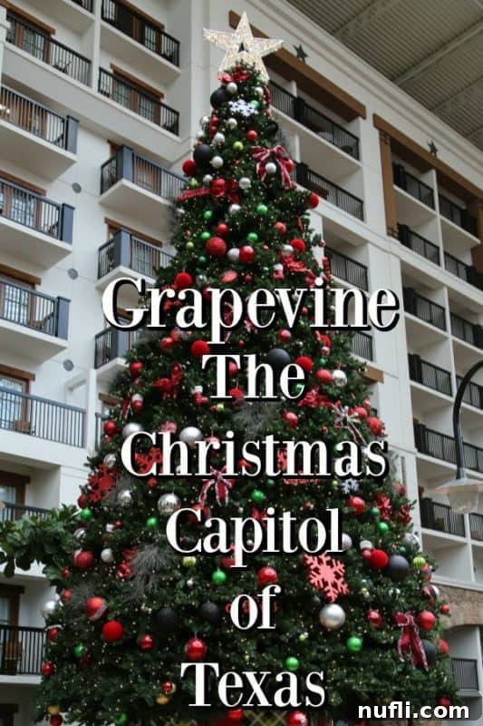 Grapevine, The Christmas Capital of Texas, shines brightly over a giant Christmas tree adorned with festive lights.