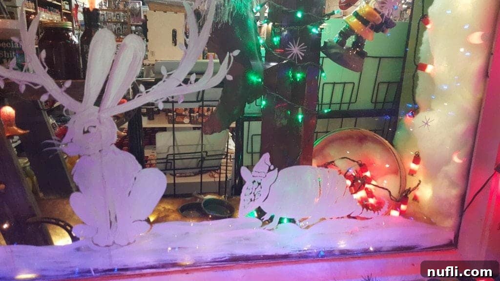 A beautifully decorated holiday window display on Grapevine's Historic Main Street.