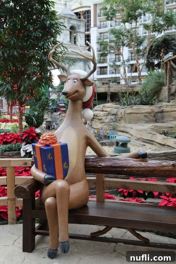 Festive reindeer decorations bring a touch of woodland magic to the Gaylord Texan Resort.