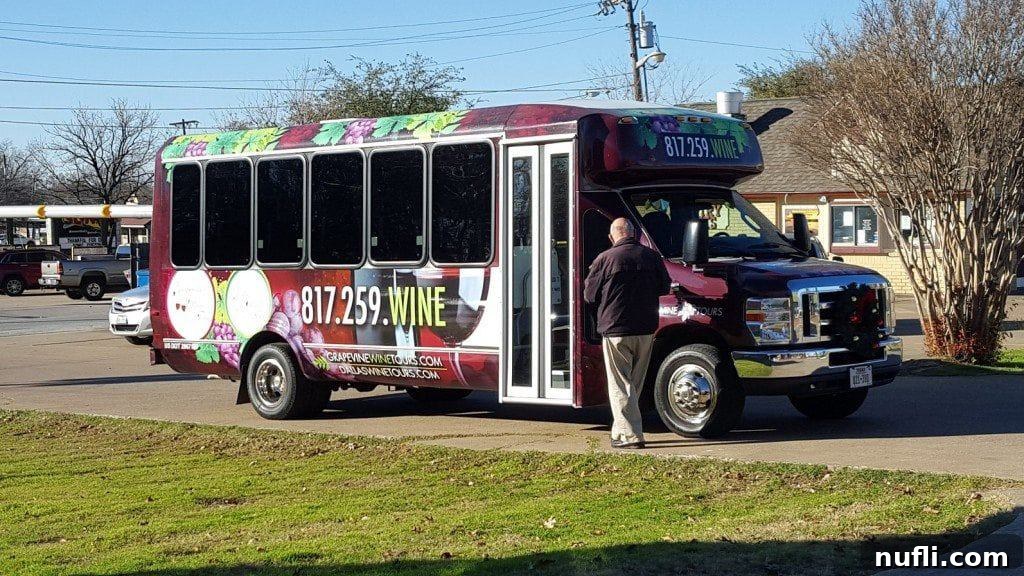 A festive Grapevine wine tour bus ready for a day of vineyard exploration.