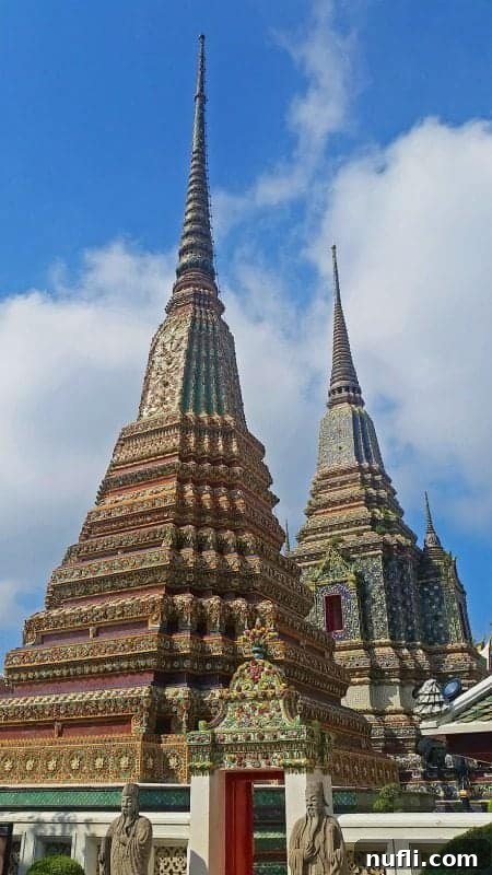 Ornate spires and richly decorated roof designs of a temple building within the Wat Pho complex, displaying classic Thai architectural beauty.