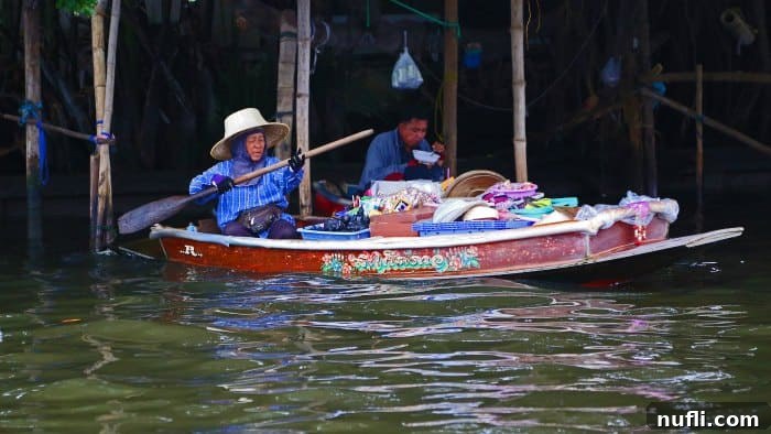 Bangkok Chao Phraya River Cruise 8 A woman in a traditional small boat paddling gently along the Chao Phraya River in Bangkok, showcasing daily river transport.