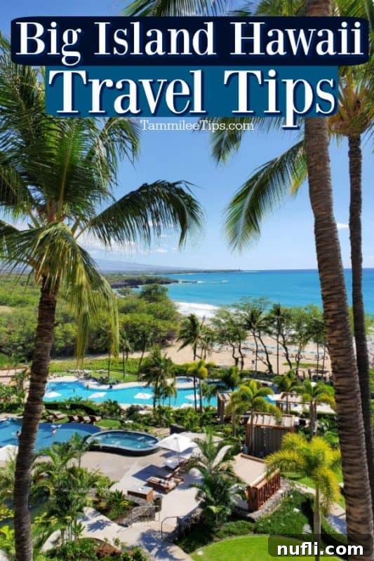 Big Island travel Tips over palm trees and tropical pools looking out to the ocean 