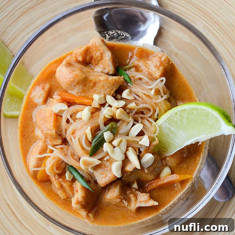 A comforting bowl of Crock Pot Thai Chicken Stew, with a spoon and a fresh lime wedge beside it, promising a fragrant and hearty meal.