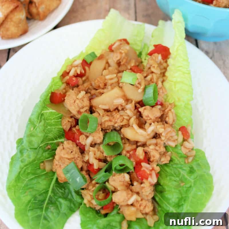 Fresh Asian Chicken Lettuce Wraps, artfully arranged on a white plate, showcasing a healthy and flavorful meal.