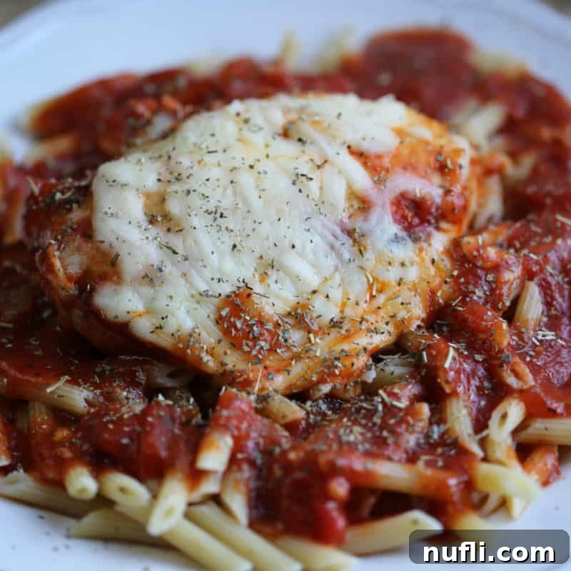A generous portion of Crockpot Chicken Parmesan, topped with melted cheese and savory sauce, served on a white plate, ready to be enjoyed.