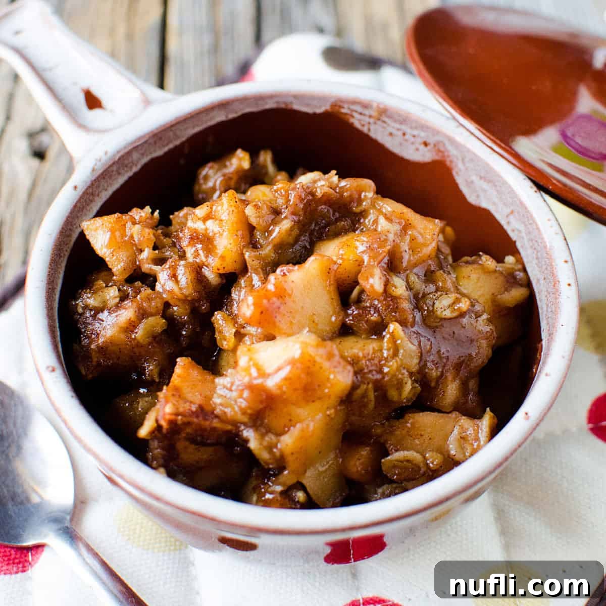 Over 40 Simple Plant-Based Slow Cooker Meals 11 Apple cinnamon oatmeal in a bowl on a cloth napkin, a warm and hearty breakfast