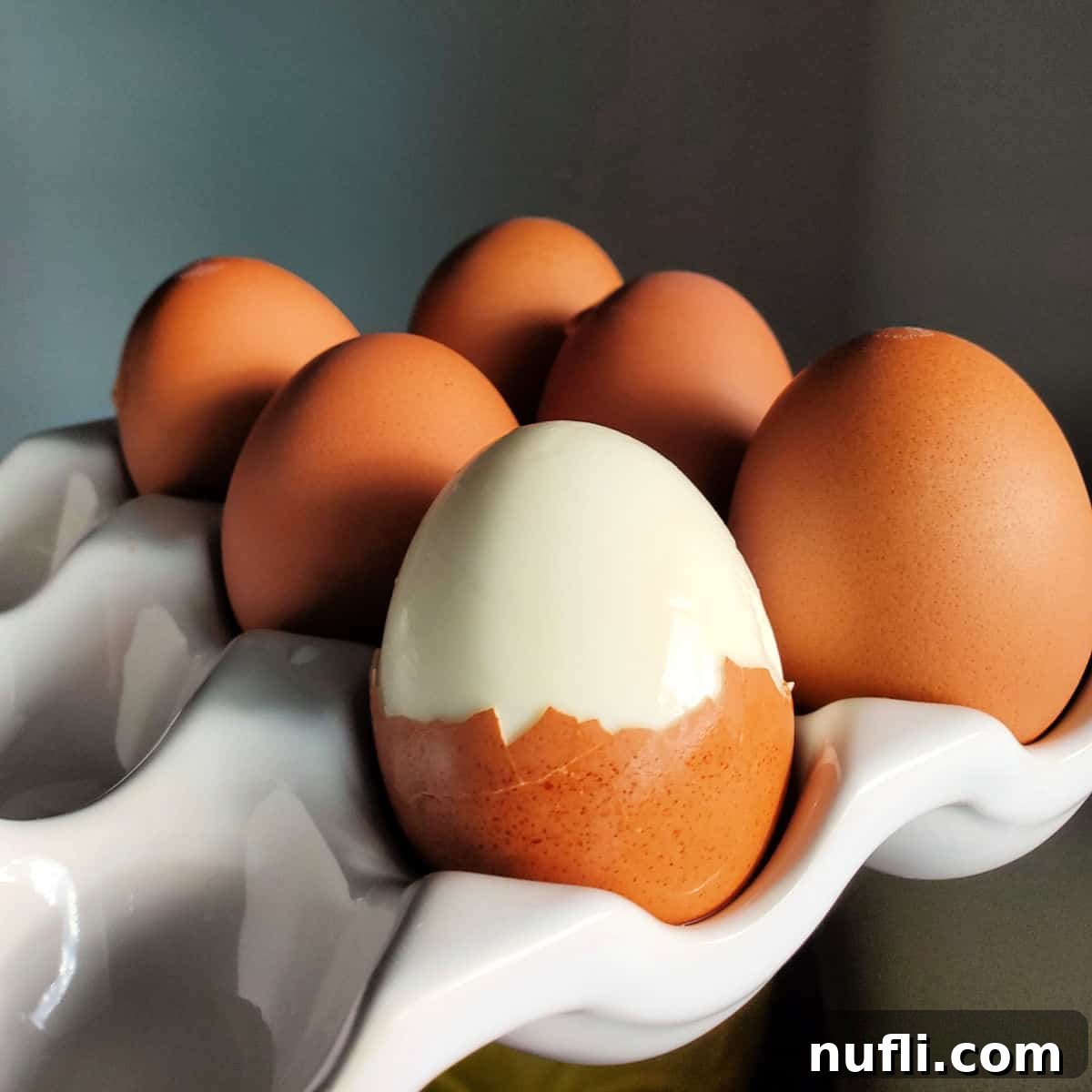 Over 40 Simple Plant-Based Slow Cooker Meals 19 eggs in a white egg carrier with one of them partially peeled, showing a perfectly cooked hard-boiled egg